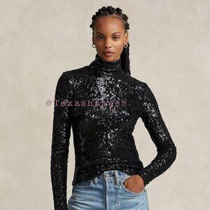 NWT Polo Ralph Lauren Sequined Jersey Turtleneck XXS Black